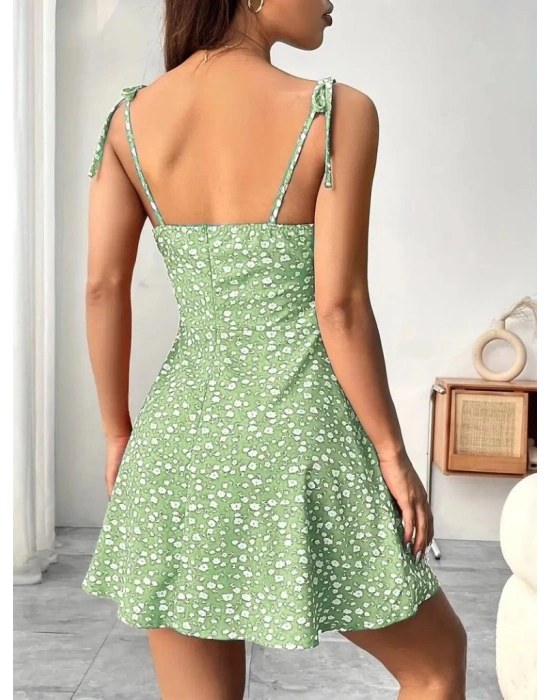 Kadın Askılı Büzgü Detaylı Kare Yaka çiçek Desenli Mini Süprem Elbise