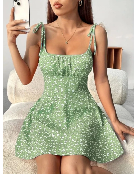 Kadın Askılı Büzgü Detaylı Kare Yaka çiçek Desenli Mini Süprem Elbise