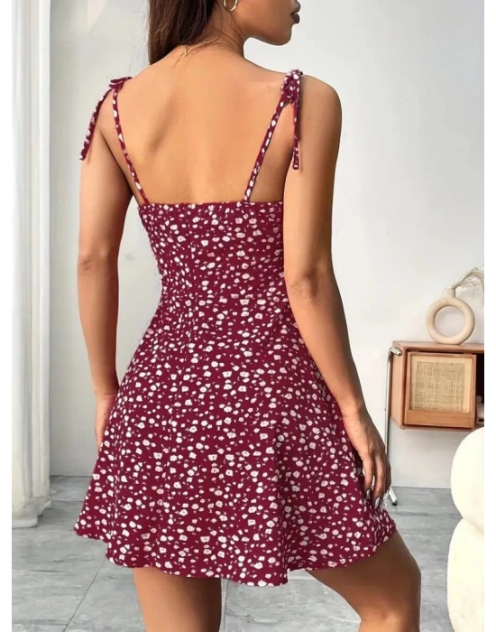 Kadın Askılı Büzgü Detaylı Kare Yaka çiçek Desenli Mini Süprem Elbise