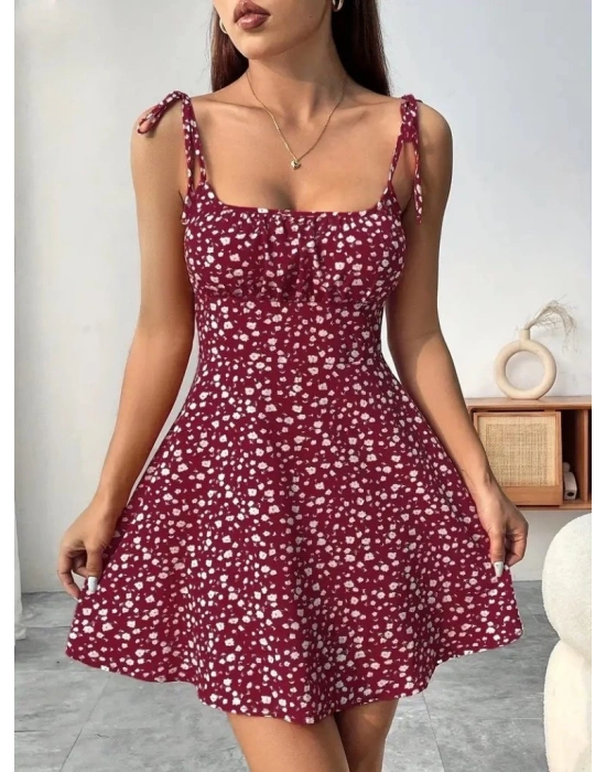 Kadın Askılı Büzgü Detaylı Kare Yaka çiçek Desenli Mini Süprem Elbise