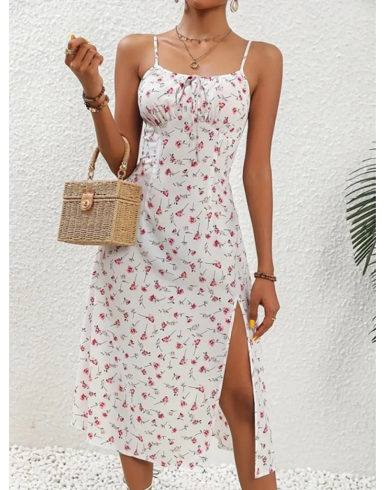 Kadın Askılı çiçek Baskı Göğüs Bağlama Ve Büzgü Detay Yırtmaçlı Midi Boy Süprem Elbise