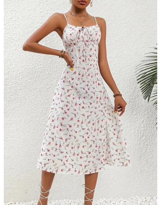 Kadın Askılı çiçek Baskı Göğüs Bağlama Ve Büzgü Detay Yırtmaçlı Midi Boy Süprem Elbise