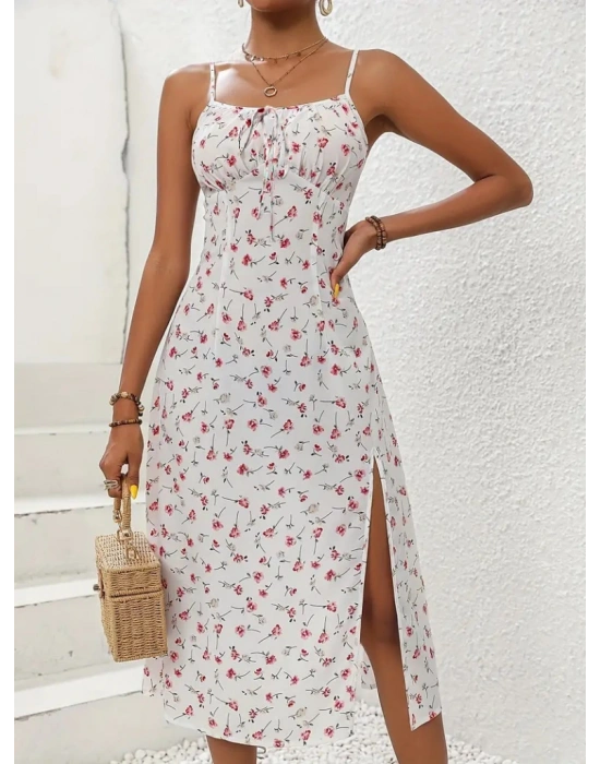 Kadın Askılı çiçek Baskı Göğüs Bağlama Ve Büzgü Detay Yırtmaçlı Midi Boy Süprem Elbise