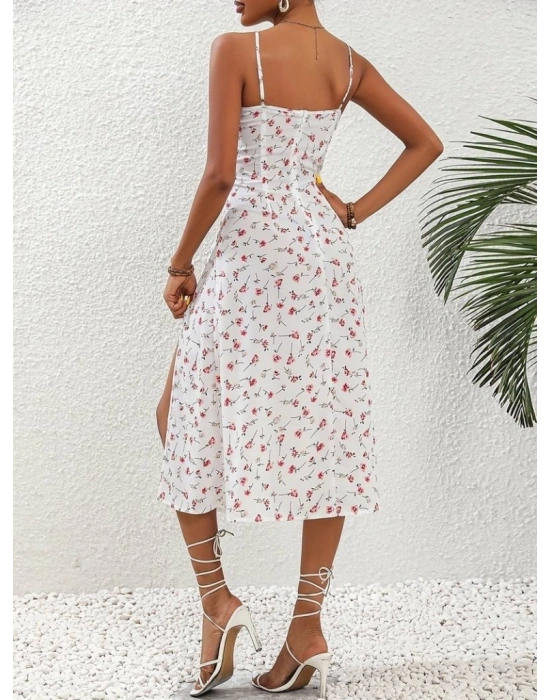 Kadın Askılı çiçek Baskı Göğüs Bağlama Ve Büzgü Detay Yırtmaçlı Midi Boy Süprem Elbise