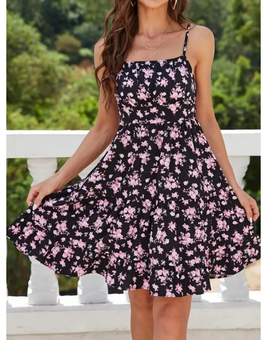 Kadın Askılı çiçek Desenli Süprem Mini Elbise