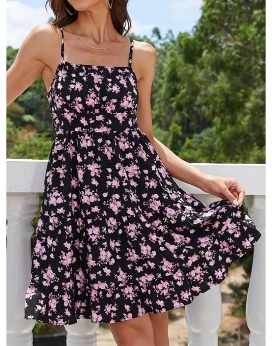 Kadın Askılı çiçek Desenli Süprem Mini Elbise