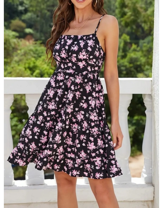 Kadın Askılı çiçek Desenli Süprem Mini Elbise