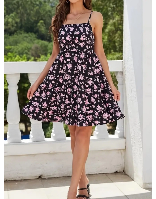 Kadın Askılı çiçek Desenli Süprem Mini Elbise