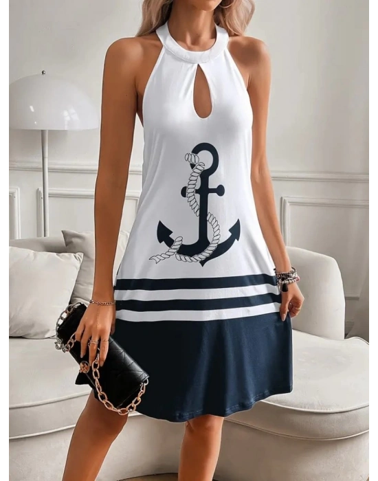 Kadın Askılı çıpa Baskılı Sırtı Açık Kısa Süprem Elbise