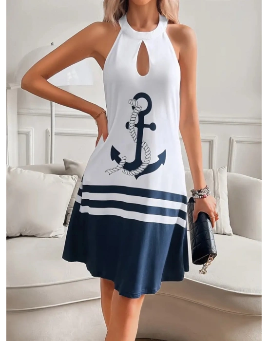 Kadın Askılı çıpa Baskılı Sırtı Açık Kısa Süprem Elbise