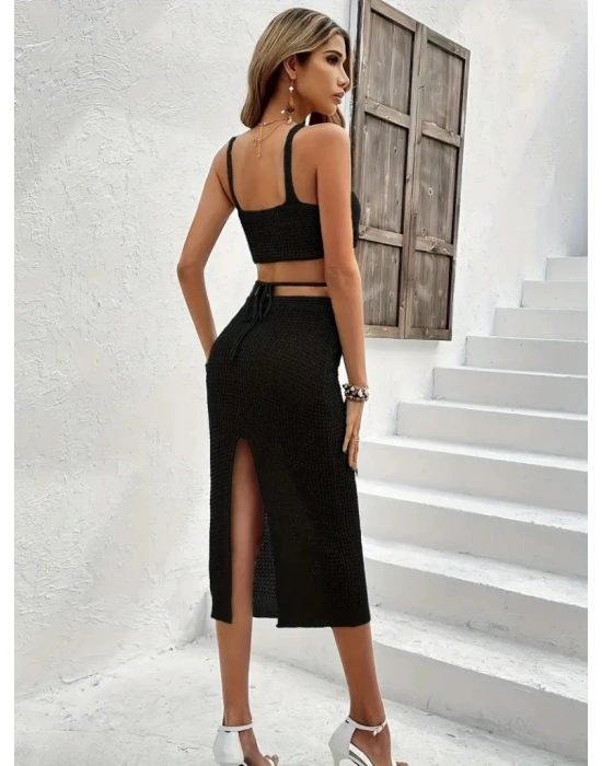 Kadın Askılı Crop Bel Detaylı Derin Yırtmaçlı Etek Triko Ikili Takım
