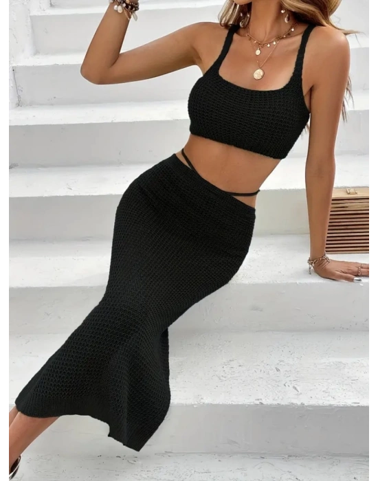 Kadın Askılı Crop Bel Detaylı Derin Yırtmaçlı Etek Triko Ikili Takım