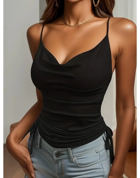 Kadın Askılı Degaje Yaka Yanlardan Büzgülü Sandy Bluz