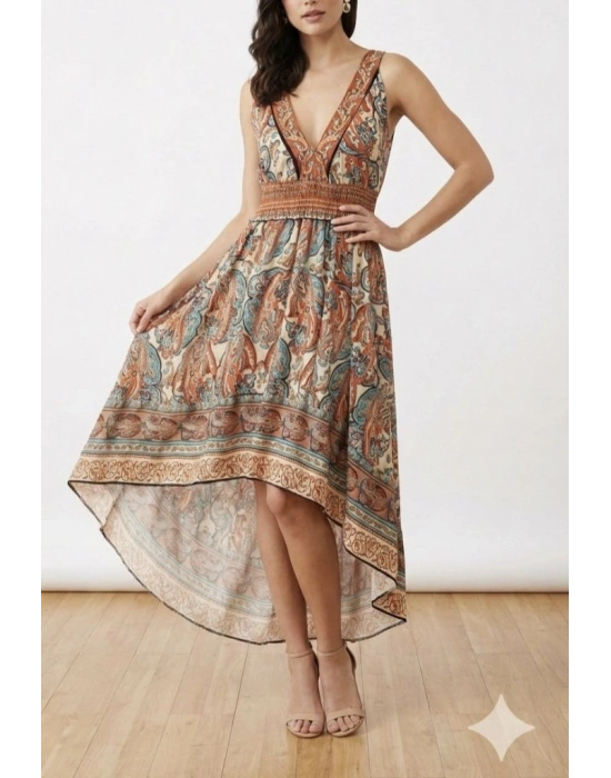 Kadın Askılı Derin Göğüs Detaylı Asimetrik Detaylı Süprem Elbise