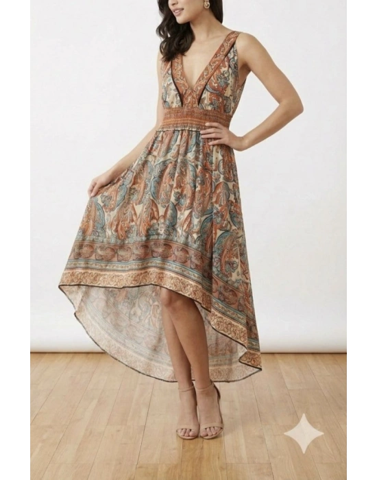 Kadın Askılı Derin Göğüs Detaylı Asimetrik Detaylı Süprem Elbise