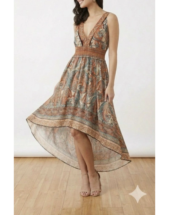 Kadın Askılı Derin Göğüs Detaylı Asimetrik Detaylı Süprem Elbise