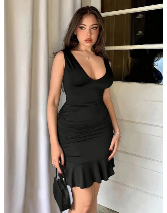 Kadın Askılı Derin V Dekolteli Fırfırlı Janjan Krep Elbise