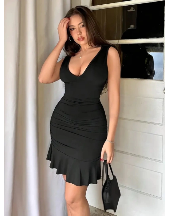 Kadın Askılı Derin V Dekolteli Fırfırlı Janjan Krep Elbise