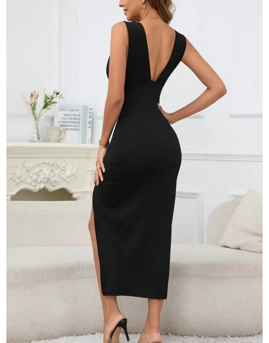 Kadın Askılı Derin V Dekolteli Yırtmaçlı Janjan Krep Elbise