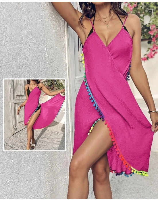 Kadın Askılı Derin V Yakalı çapraz Geçmeli Ponponlu Bürümcük Pareo