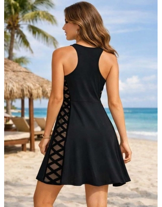 Kadın Askılı Derin V Yakalı Yandan Tül Detaylı Kısa Janjan Krep Elbise