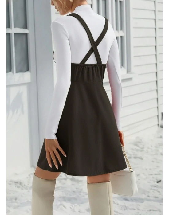 Kadın Askılı Düğmeli Mini Süet Elbise