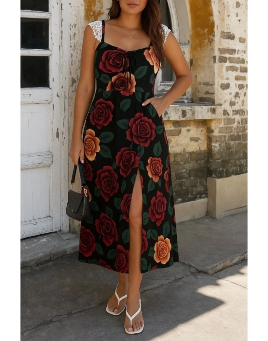 Kadın Askılı Geniş V Yakalı Sırttan Bağlamalı Yırtmaçlı Süprem Elbise