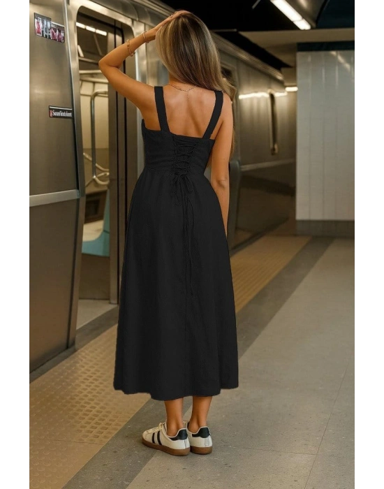 Kadın Askılı Geniş V Yakalı Sırttan Bağlamalı Yırtmaçlı Süprem Elbise