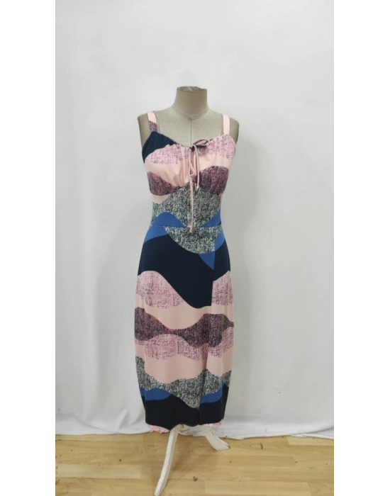 Kadın Askılı Geniş V Yakalı Sırttan Bağlamalı Yırtmaçlı Süprem Elbise