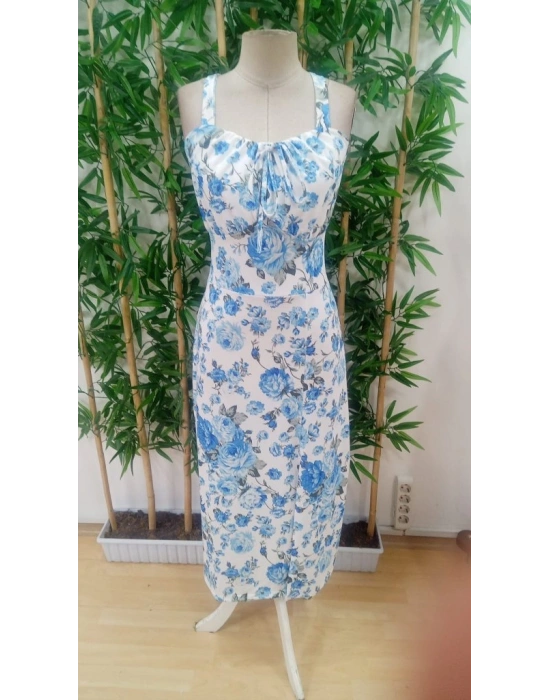 Kadın Askılı Geniş V Yakalı Sırttan Bağlamalı Yırtmaçlı Süprem Elbise