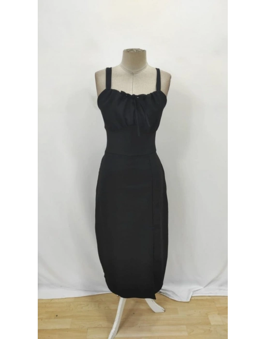 Kadın Askılı Geniş V Yakalı Sırttan Bağlamalı Yırtmaçlı Süprem Elbise