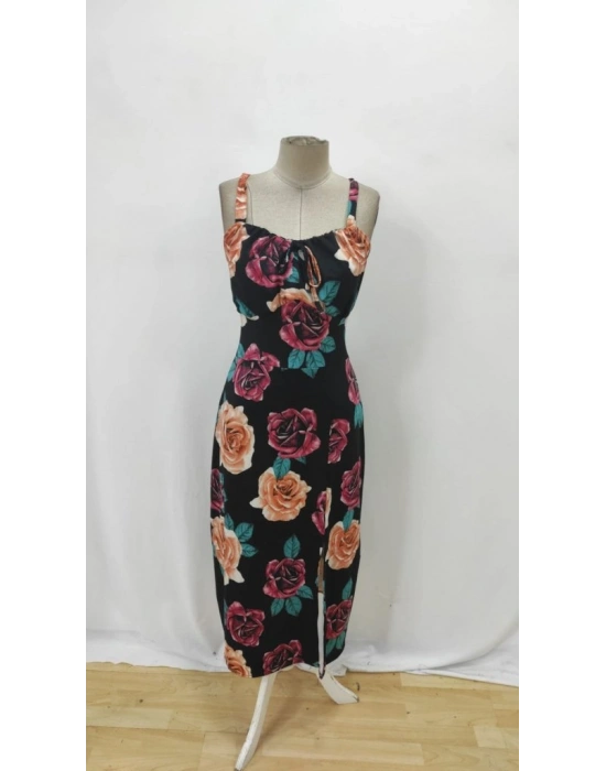 Kadın Askılı Geniş V Yakalı Sırttan Bağlamalı Yırtmaçlı Süprem Elbise