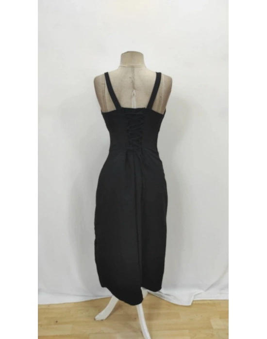 Kadın Askılı Geniş V Yakalı Sırttan Bağlamalı Yırtmaçlı Süprem Elbise