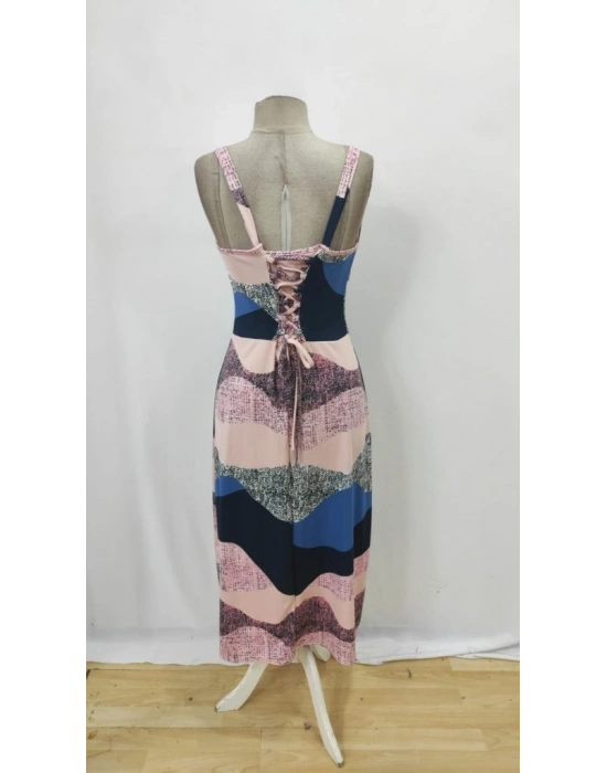 Kadın Askılı Geniş V Yakalı Sırttan Bağlamalı Yırtmaçlı Süprem Elbise