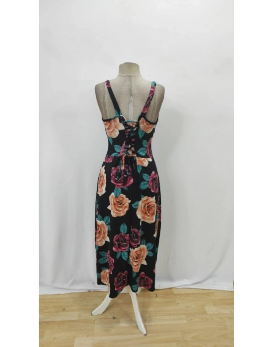 Kadın Askılı Geniş V Yakalı Sırttan Bağlamalı Yırtmaçlı Süprem Elbise