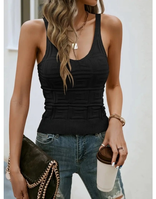 Kadın Askılı Geometrik Desen Triko Bluz