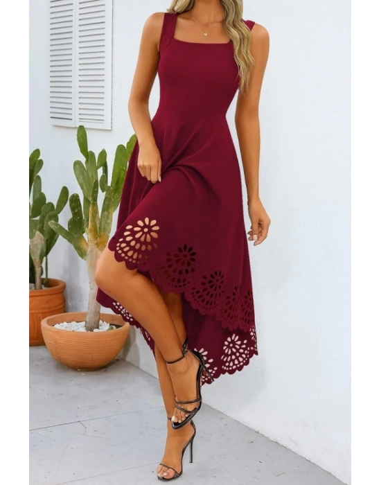 Kadın Askılı Geometrik Yaka çiçek Lazer Kesim Ithal Krep Elbise