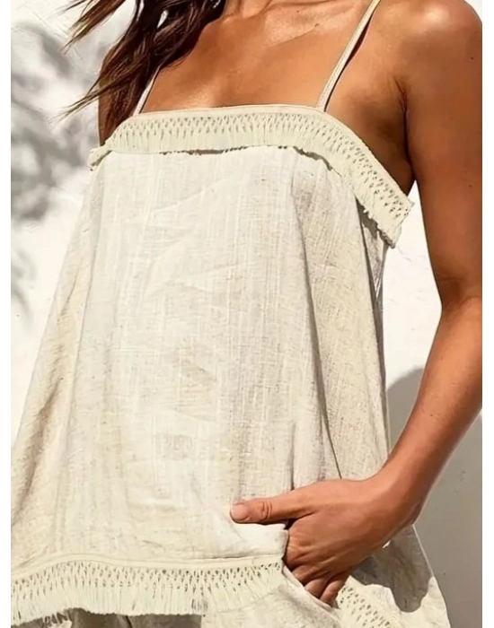 Kadın Askılı Geometrik Yaka Püskül Detay Keten Alt üst Takım