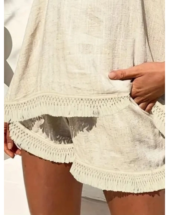 Kadın Askılı Geometrik Yaka Püskül Detay Keten Alt üst Takım