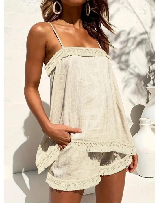 Kadın Askılı Geometrik Yaka Püskül Detay Keten Alt üst Takım