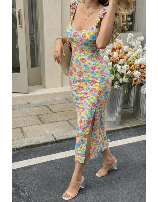 Kadın Askılı Göğüs Dekolteli Yırtmaçlı Desenli Midi Dalgıç Elbise