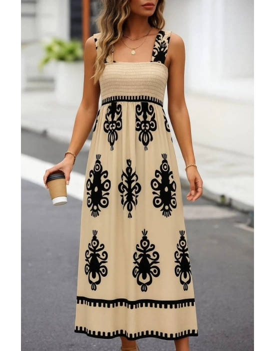 Kadın Askılı Kare Yaka Gipe Detaylı Desenli Suprem Elbise