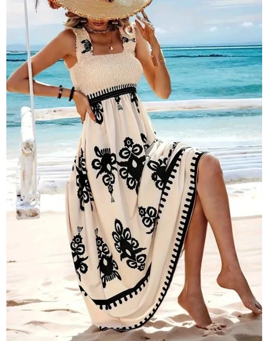 Kadın Askılı Kare Yaka Gipe Detaylı Desenli Suprem Elbise