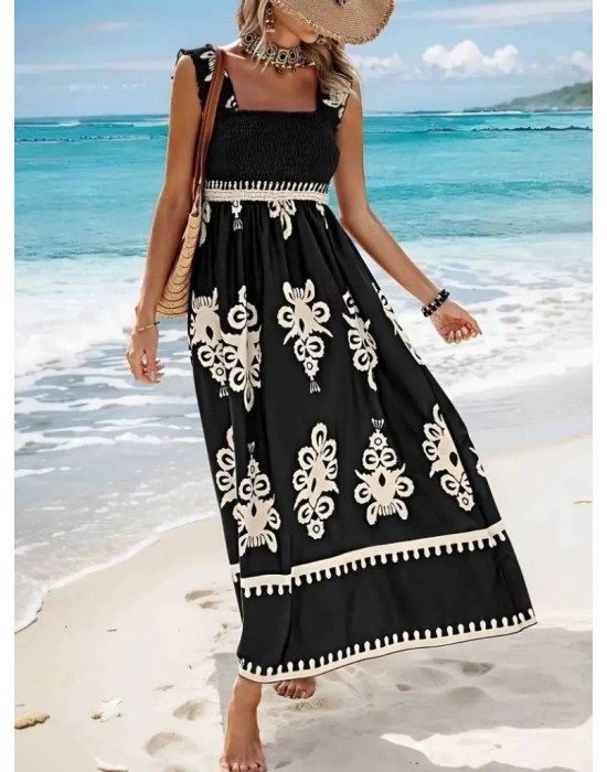 Kadın Askılı Kare Yaka Gipe Detaylı Desenli Suprem Elbise