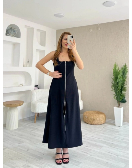 Kadın Askılı Kare Yaka önden Fermuarlı Geniş Kesim Janjan Krep Elbise