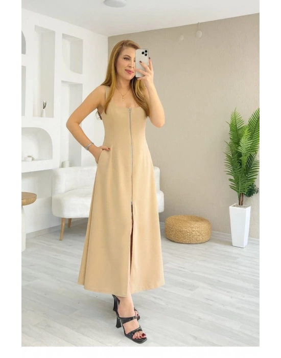 Kadın Askılı Kare Yaka önden Fermuarlı Geniş Kesim Janjan Krep Elbise