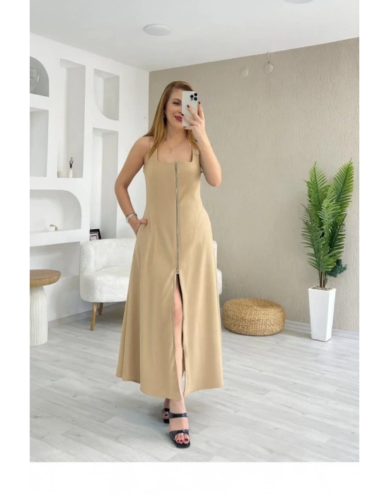 Kadın Askılı Kare Yaka önden Fermuarlı Geniş Kesim Janjan Krep Elbise