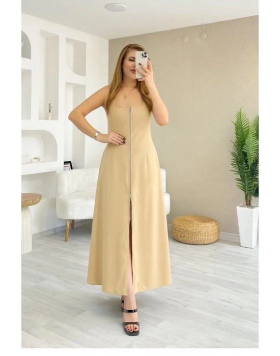 Kadın Askılı Kare Yaka önden Fermuarlı Geniş Kesim Janjan Krep Elbise