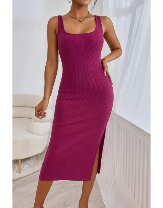 Kadın Askılı Kare Yaka Yandan Yırtmaçlı Midi Kaşkorse Elbise