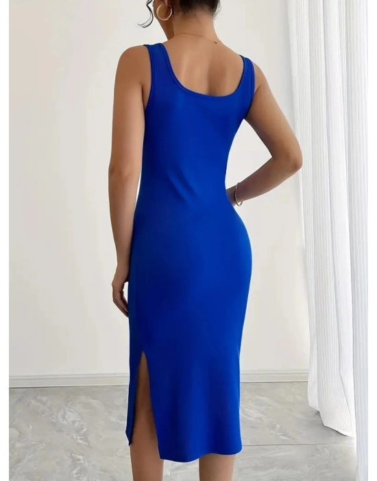 Kadın Askılı Kare Yaka Yandan Yırtmaçlı Midi Kaşkorse Elbise